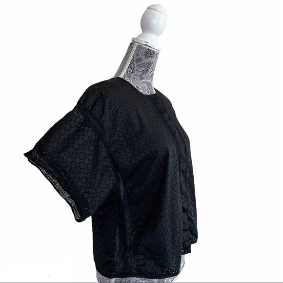 MARINA Ro Perforated Button Front Blouse Black Size Medium - Picture 2 of 9